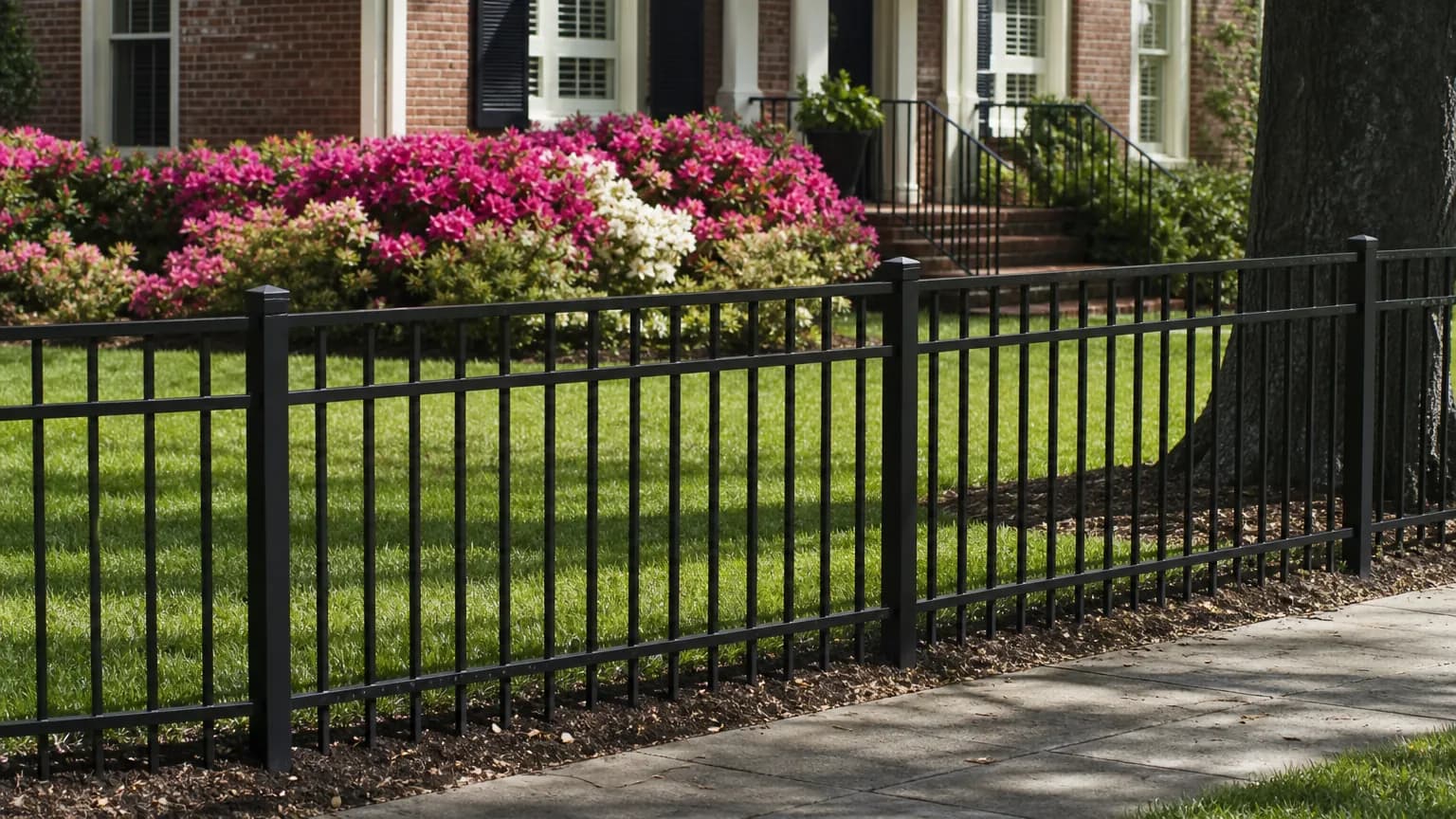 Black ornamental aluminum fence around a manicured front yard of a brick house with azaleas