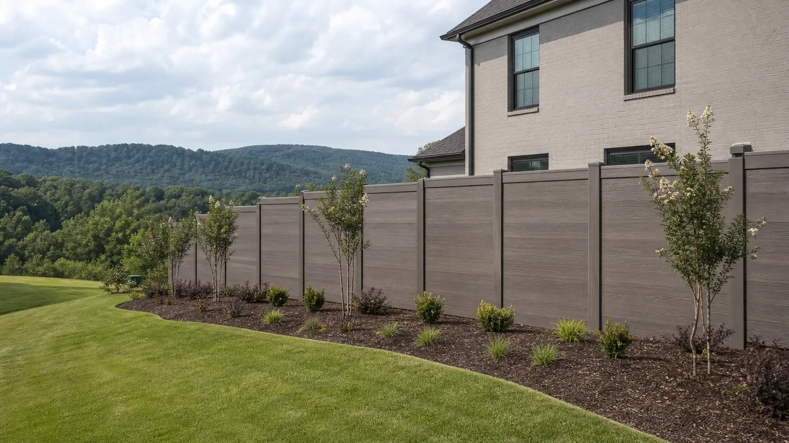Six-foot gray-brown composite privacy fence with wood-grain boards behind a two-story home and a fresh mulch bed