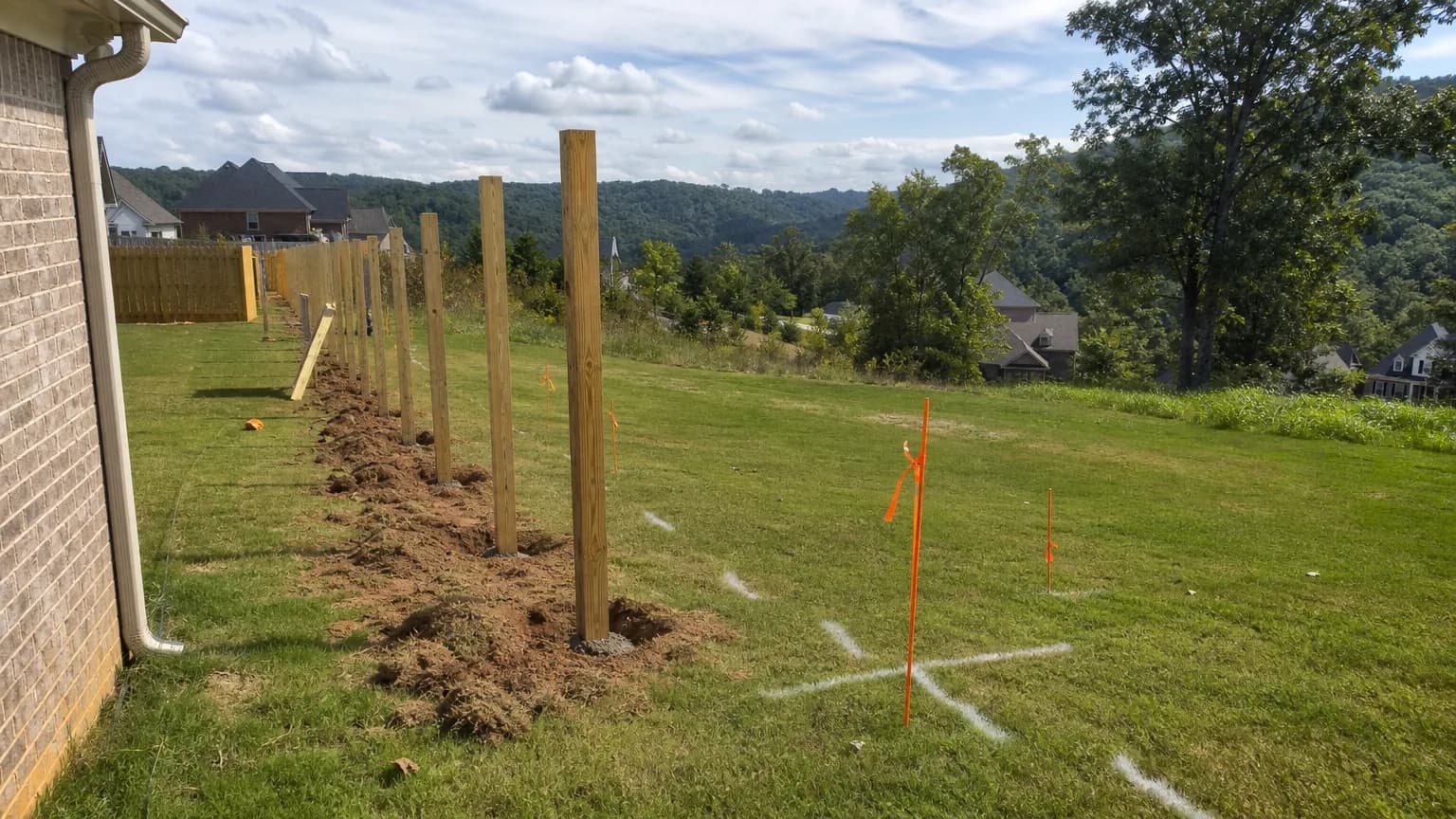New wood fence posts along a property line with orange survey stakes and white utility locate paint