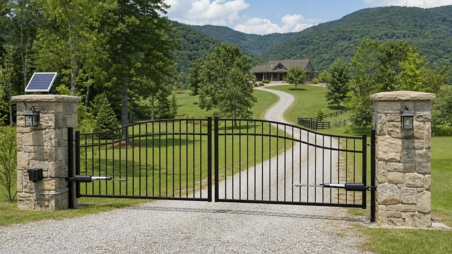 Black double swing driveway gate between stone columns with a solar panel and opener arms on a gravel drive