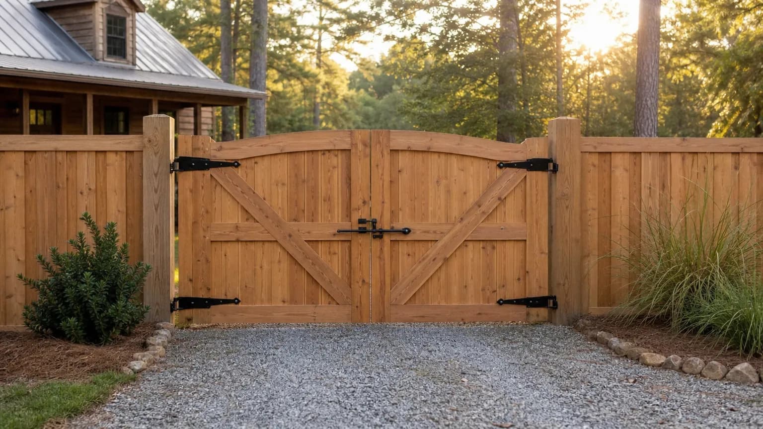 Wooden double drive gate in a cedar privacy fence with black strap hinges and a cane bolt, on a gravel driveway at a rural home