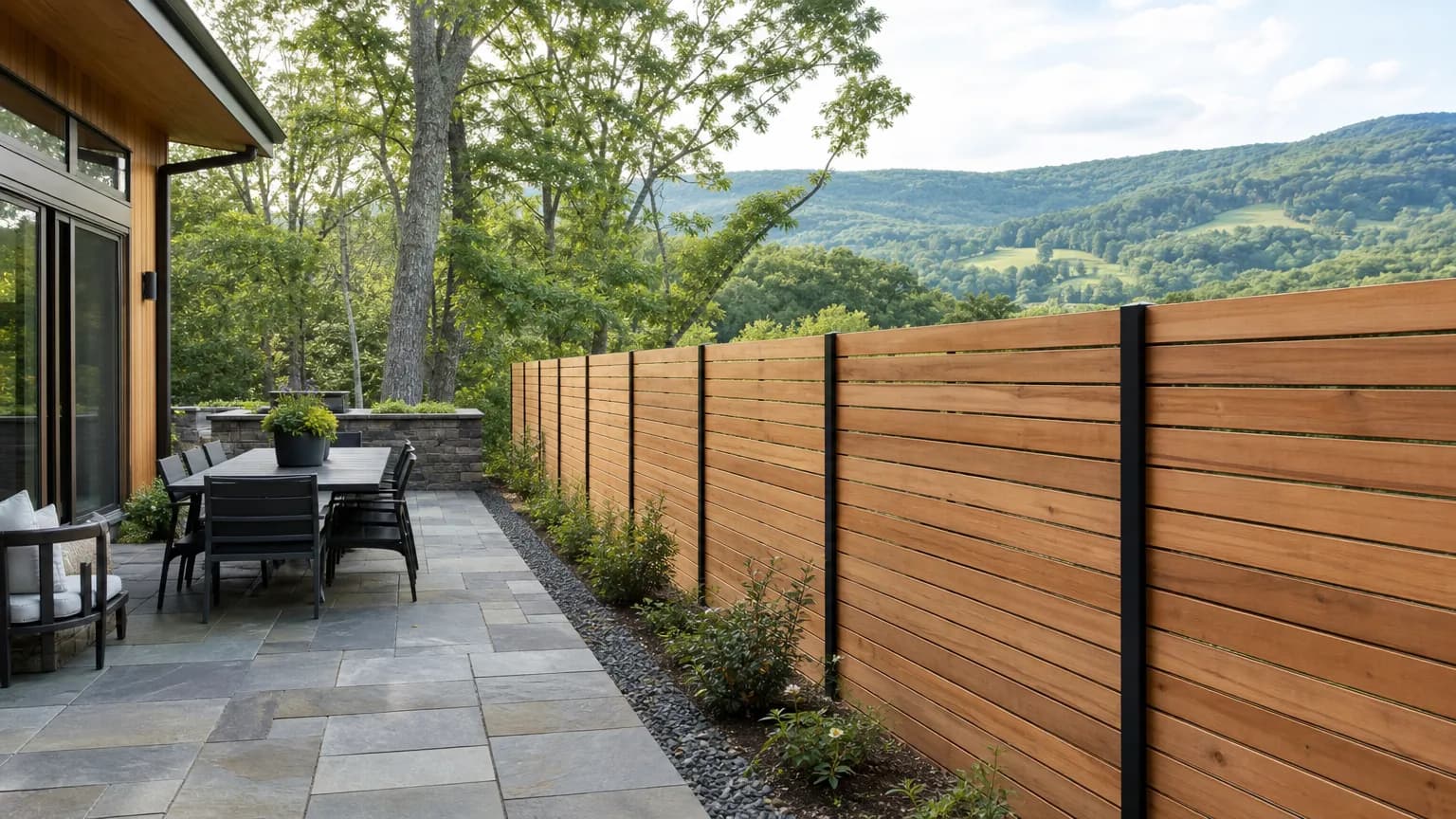 Horizontal cedar slat fence on black steel posts beside a stone patio of a modern home