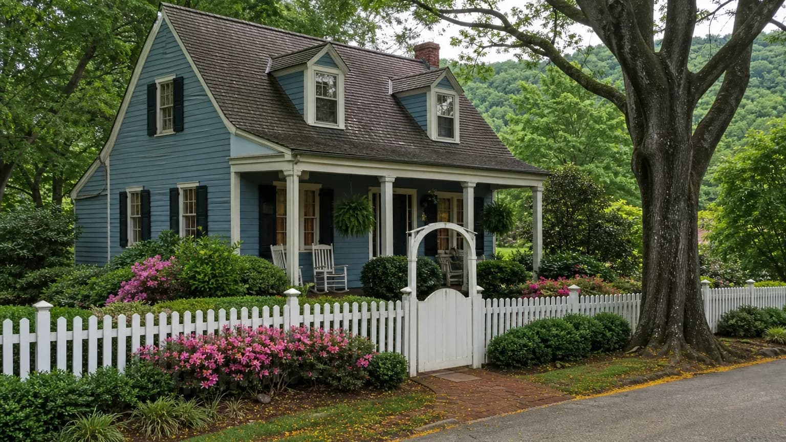 White picket fence with an arched gate in front of a blue painted cottage with azaleas