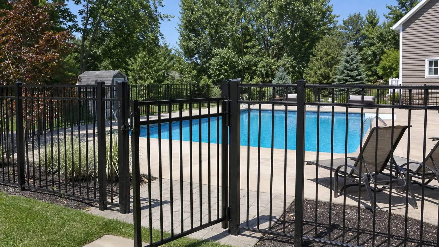 Black aluminum pool fence with a self-closing gate around an in-ground swimming pool with lounge chairs on a sunny day