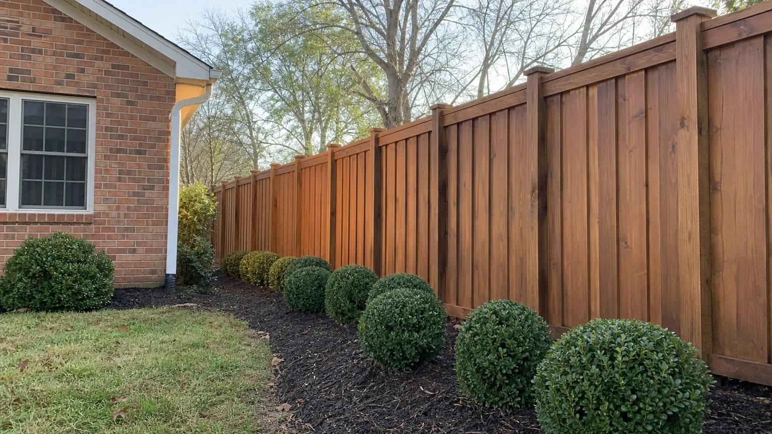 Shadowbox wood privacy fence stained warm brown along the side yard of a brick ranch home