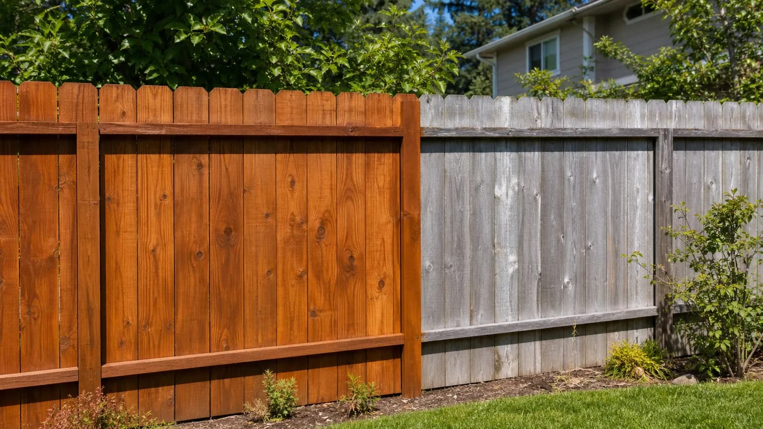 Long wood privacy fence half freshly stained a cedar tone and half gray and weathered, showing the difference in a sunny backyard