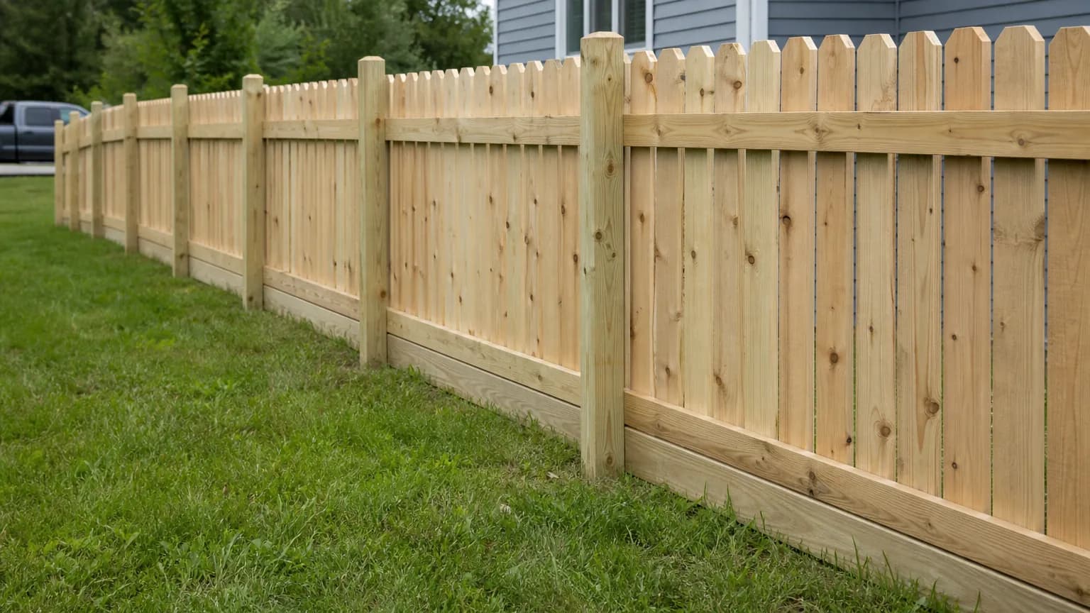 New pine dog-ear picket fence with a rot board at the bottom and 4x4 posts on a grass lawn under overcast light
