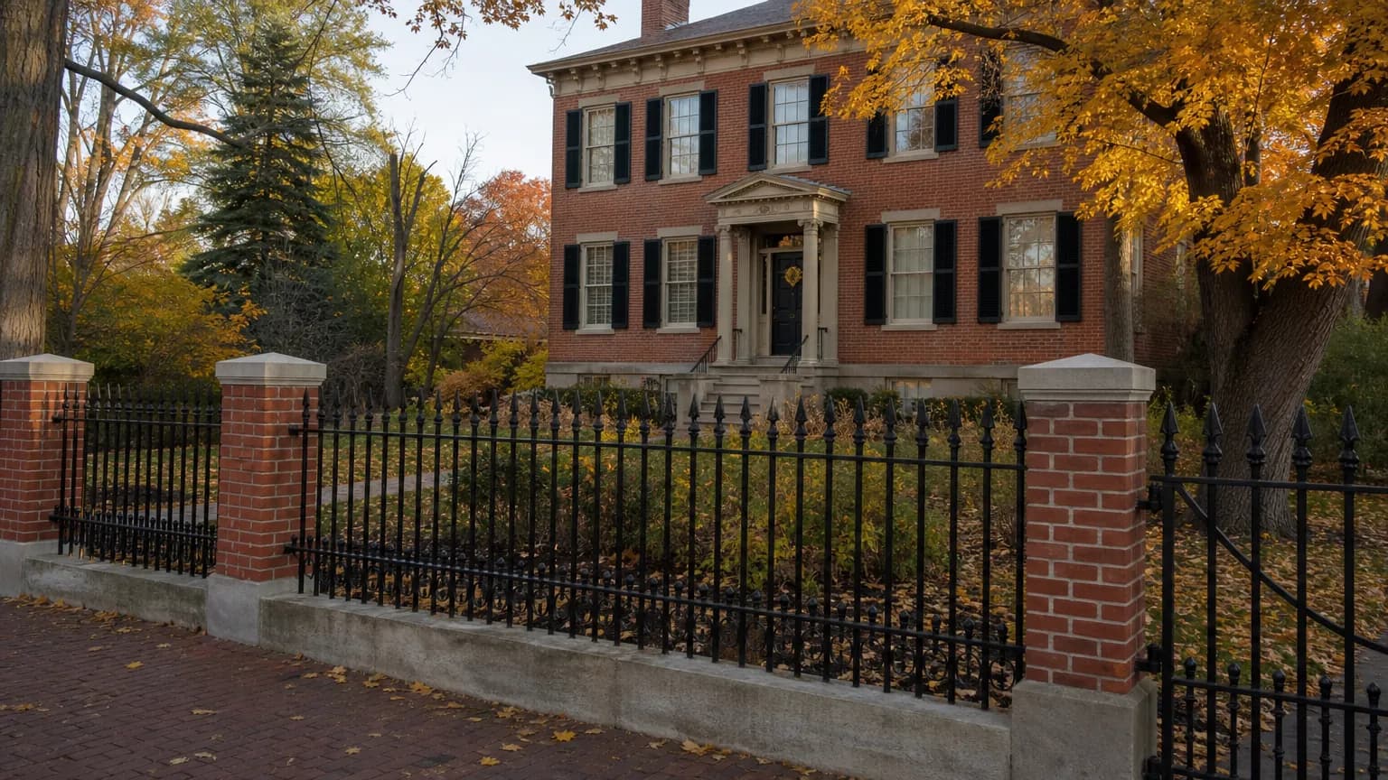 Black wrought iron fence with spear-point finials and brick columns in front of an old Federal-style brick house on a tree-lined street in autumn
