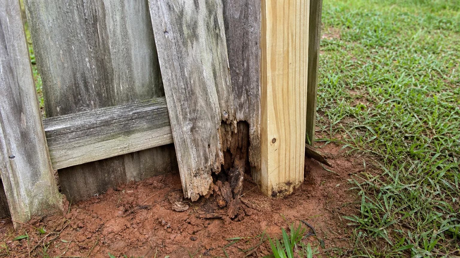 Weathered wood fence section leaning from a post rotted at the ground line, beside a new replacement post in red clay soil