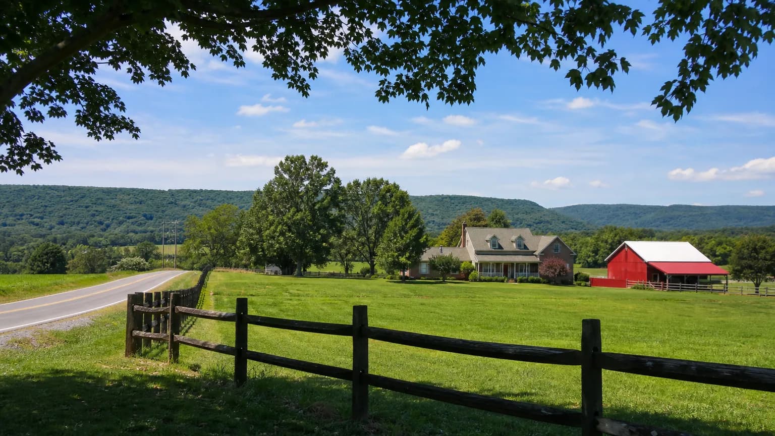 Country home on a large lot with a split-rail fence along the road and a red barn among rolling farmland