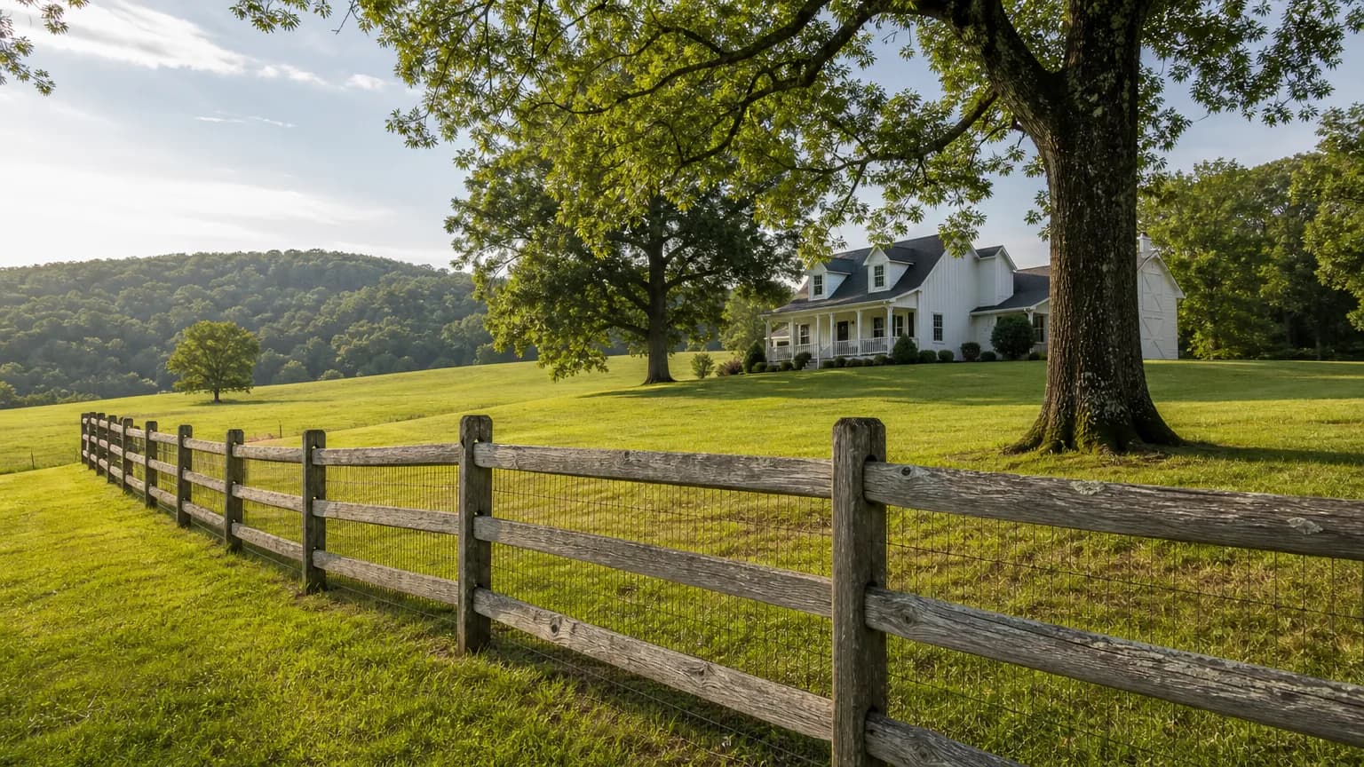 Three-rail weathered split rail fence with wire mesh backing along a rolling front pasture and white farmhouse